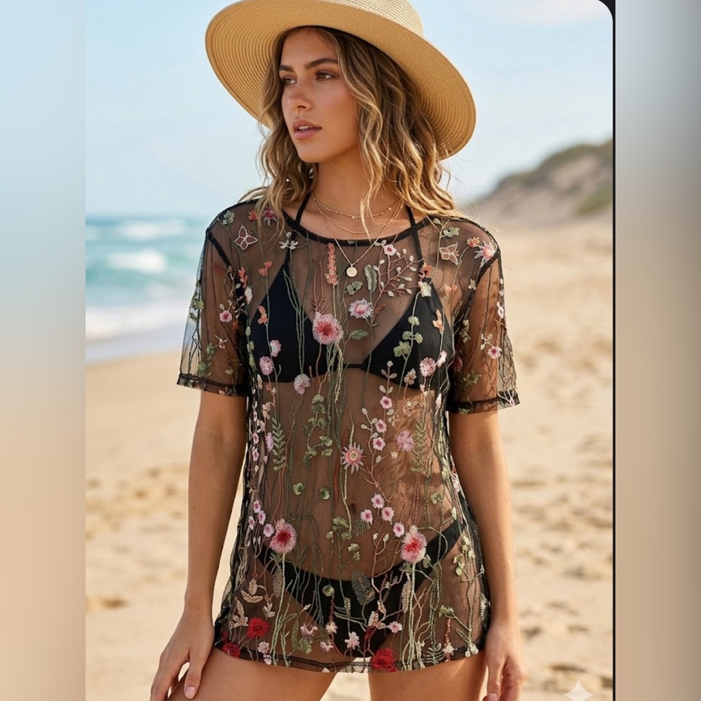 Love Nation Black Sheer Mesh Top with Multicolor Floral Embroidery